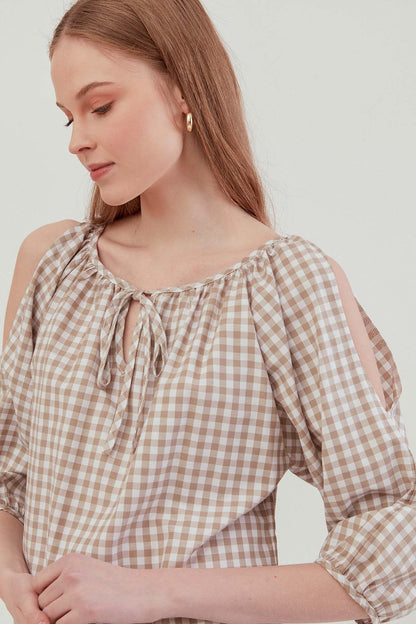 CHECKERED SLIT SHOULDER BLOUSE