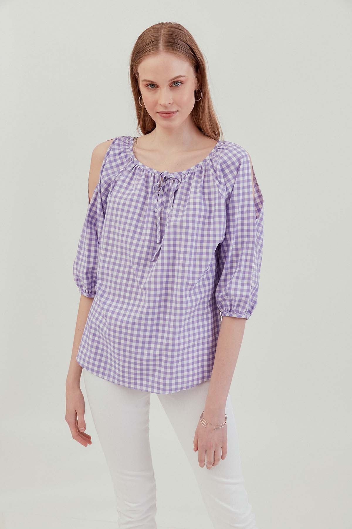 CHECKERED SLIT SHOULDER BLOUSE