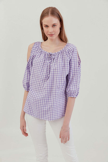 CHECKERED SLIT SHOULDER BLOUSE