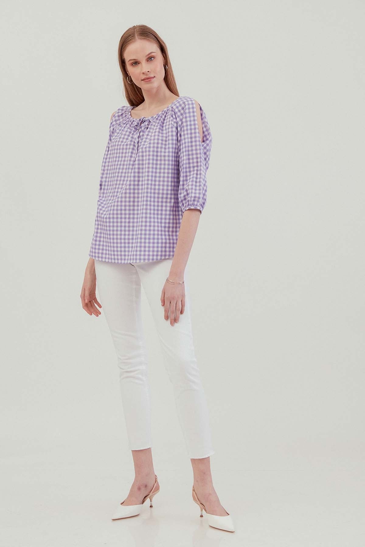 CHECKERED SLIT SHOULDER BLOUSE