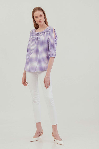 CHECKERED SLIT SHOULDER BLOUSE
