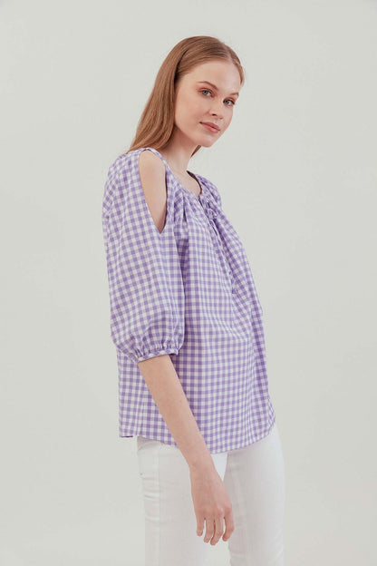 CHECKERED SLIT SHOULDER BLOUSE