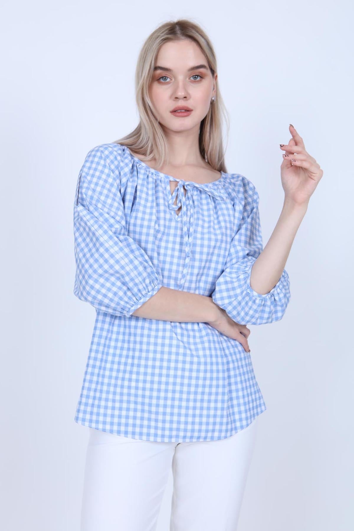 CHECKERED SLIT SHOULDER BLOUSE