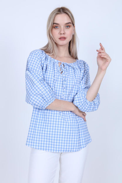 CHECKERED SLIT SHOULDER BLOUSE