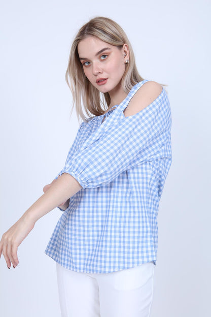 CHECKERED SLIT SHOULDER BLOUSE