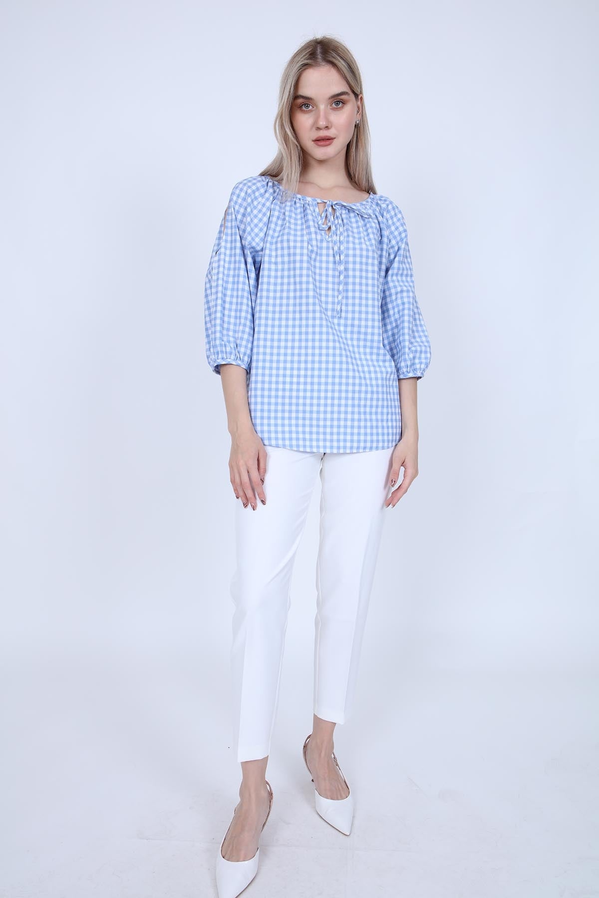 CHECKERED SLIT SHOULDER BLOUSE