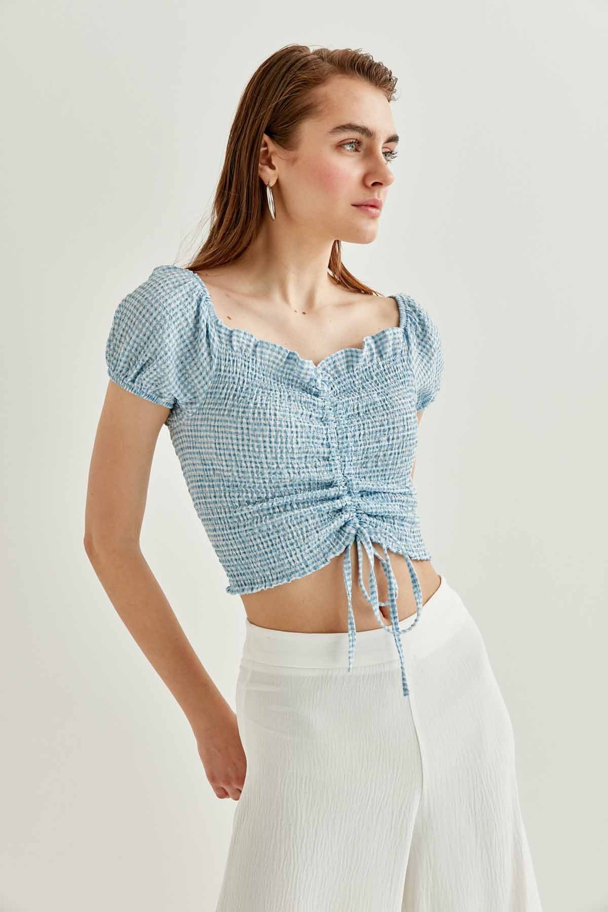 CHECKERED FRONT DRAWSTRING MINI BLOUSE