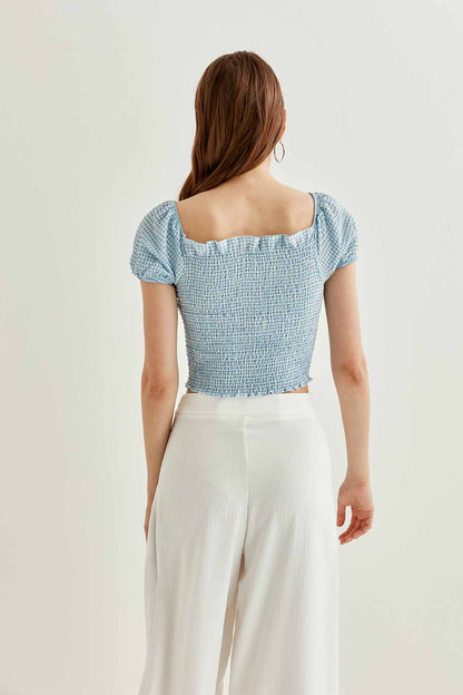 CHECKERED FRONT DRAWSTRING MINI BLOUSE