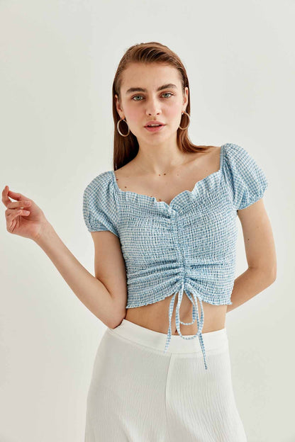 CHECKERED FRONT DRAWSTRING MINI BLOUSE