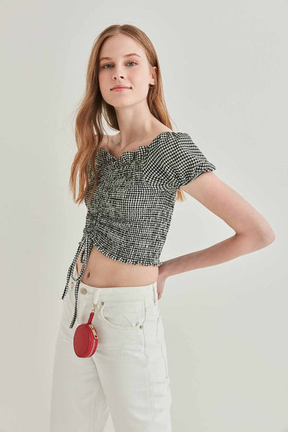 CHECKERED FRONT DRAWSTRING MINI BLOUSE
