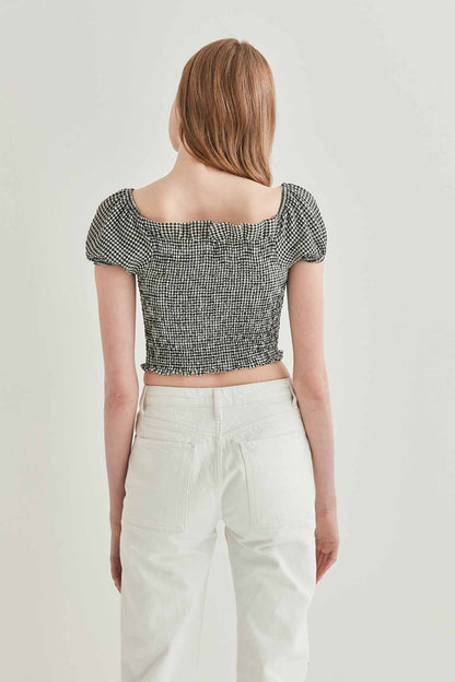 CHECKERED FRONT DRAWSTRING MINI BLOUSE