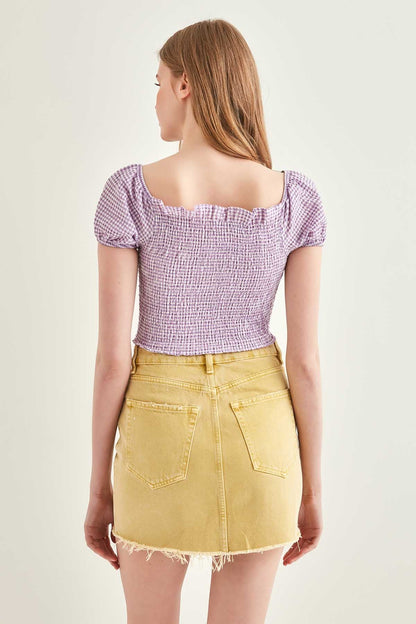 CHECKERED FRONT DRAWSTRING MINI BLOUSE