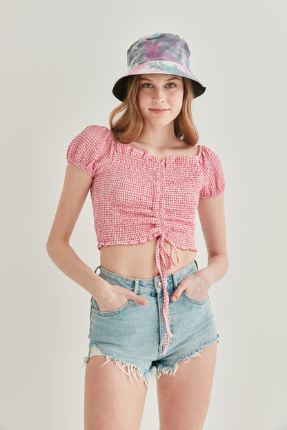 CHECKERED FRONT DRAWSTRING MINI BLOUSE
