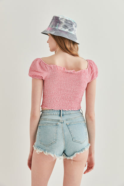 CHECKERED FRONT DRAWSTRING MINI BLOUSE