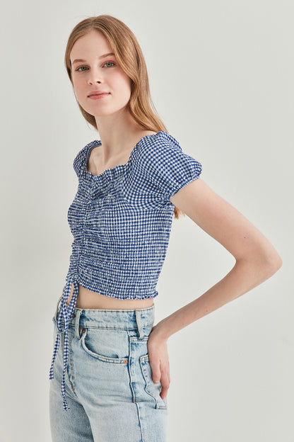 CHECKERED FRONT DRAWSTRING MINI BLOUSE
