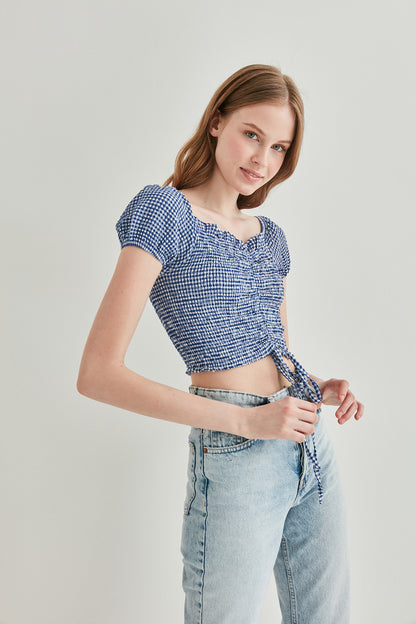 CHECKERED FRONT DRAWSTRING MINI BLOUSE