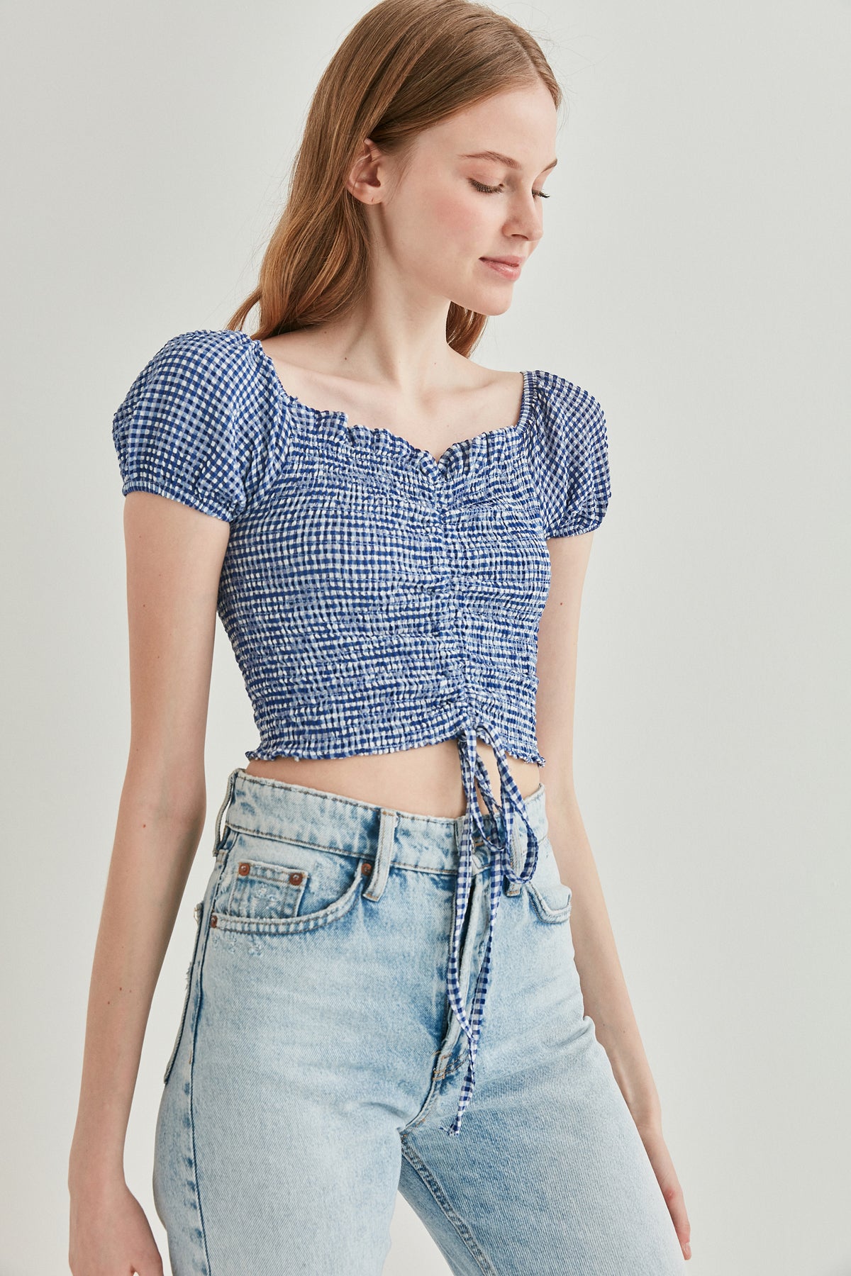 CHECKERED FRONT DRAWSTRING MINI BLOUSE