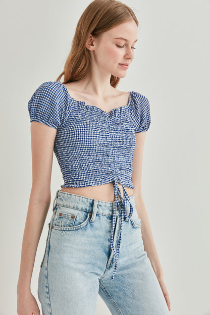CHECKERED FRONT DRAWSTRING MINI BLOUSE