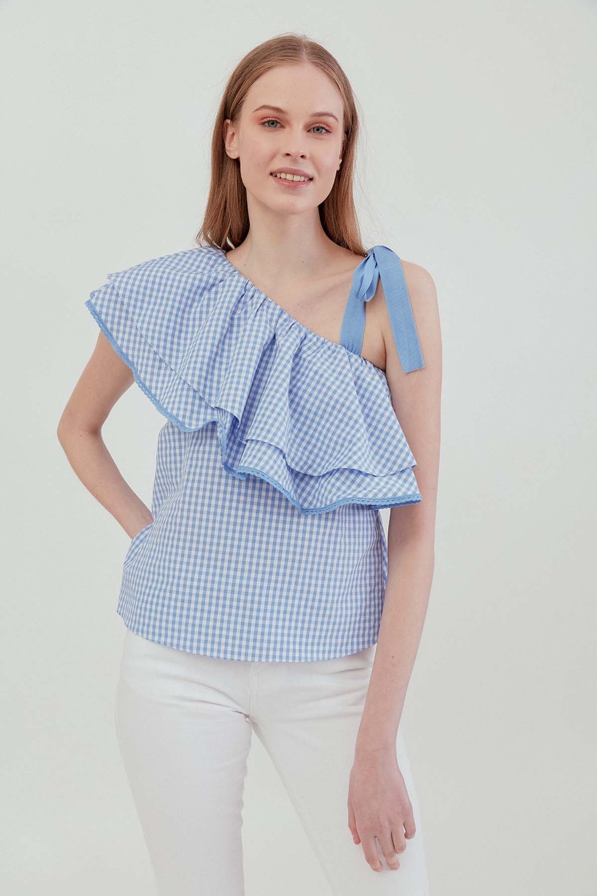 CHECKERED SINGLE SHOULDER BLOUSE