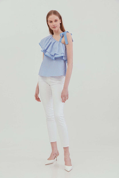 CHECKERED SINGLE SHOULDER BLOUSE