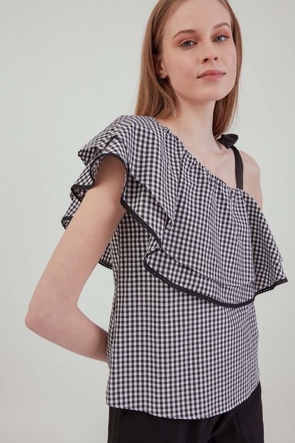 CHECKERED SINGLE SHOULDER BLOUSE