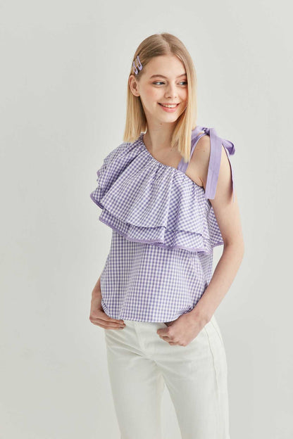 CHECKERED SINGLE SHOULDER BLOUSE