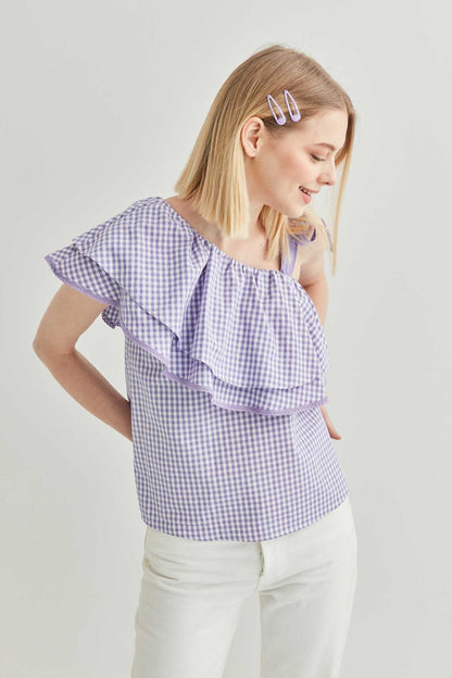 CHECKERED SINGLE SHOULDER BLOUSE