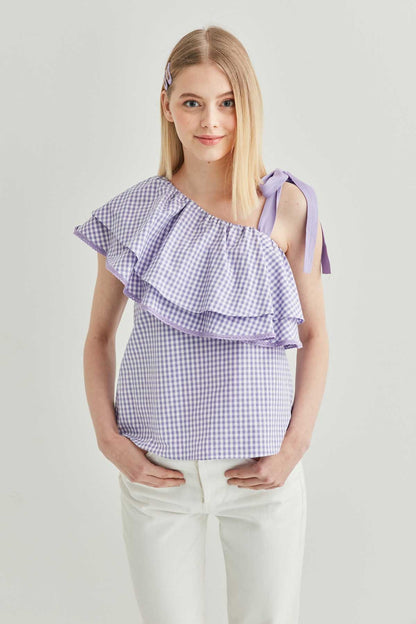 CHECKERED SINGLE SHOULDER BLOUSE