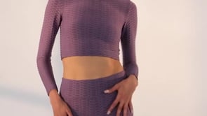 Plato Self-Patterned O Collar Long Sleeve Women's Crop Top T-Shirt - 97153