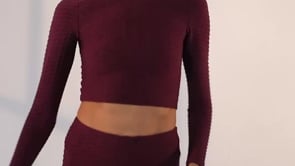Burgundy Self-Patterned O Collar Long Sleeve Women's Crop Top T-Shirt - 97153