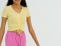 Yellow Ruffled Detailed V-Neck Women's Crop Top T-Shirt - 97205