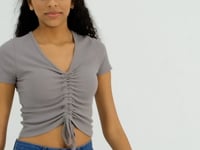 Grey Pleated Detailed V Neck Women's Crop Top T-Shirt - 97205