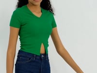 Green Basic Front Slit V Neck Women's Crop Top T-Shirt - 97206