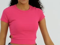 Fuchsia Basic Side Window O Collar Women's Crop Top T-Shirt - 97207