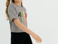 Grey Color Printed O Collar Oversize Drop Shoulder Girls Crop T-Shirt - 75036