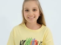 Yellow Print Letter O Collar Oversize Drop Shoulder Girl Crop T-Shirt - 75036