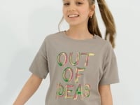 Dark Beige Oversize Print O Collar Drop Shoulder Girls' T-Shirt - 75028