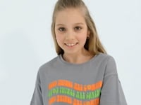 Oversized Grey Colorful Print Drop Shoulder O-Neck Girls Crop T-Shirt - 75038