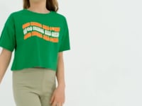 Green Oversize Colorful Print Drop Shoulder O Collar Girls Crop T-Shirt - 75038