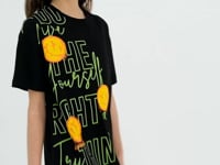 Black Oversize Emoji Print O Neck Drop Shoulder Girls' T-Shirt - 75042
