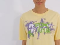 Yellow Printed Letter O Collar Women's Oversize T-Shirt - 97212