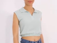 Olive Green Polo Collar Elastic Waist Crinkle Fabric Women's Crop Top T-Shirt - 97223