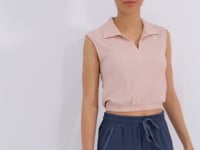 Salmon Polo Collar Ribbed Elastane Crepe Fabric Women's Crop Top T-Shirt - 97223