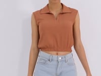 Cinnamon Polo Collar Elastic Waist Crinkle Fabric Women's Crop Top T-Shirt - 97223