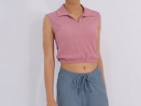 Dried Rose Polo Collar Beli Elastane Crinkle Fabric Women's Crop Top T-Shirt - 97223