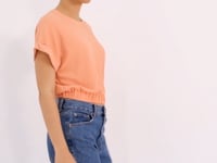 Melon Inside Basic O Collar Belt Elastane Crinkle Fabric Women's Crop Top T-Shirt - 97227