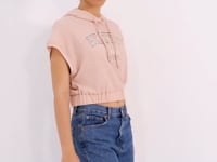 Salmon Hooded Letter Print Elastic Waist Crinkle Fabric Women's Crop Top T-Shirt - 97230