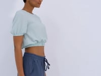 Light Green Balloon Sleeve Collar Elastic Waist Crinkle Fabric Women's Crop Top T-Shirt - 97221