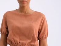 Cinnamon Balloon Sleeve O Neck Elastic Waist Crinkled Fabric Women's Crop Top T-Shirt - 97221