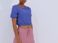 Platonic Balloon Sleeve or Collar White Elastane Crinkle Fabric Women's Crop Top T-Shirt - 97221